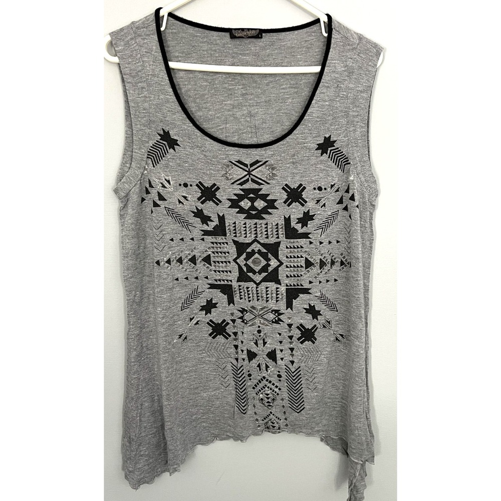 Vanilla Sugar Shirt Womens Large Gray Tank Top Asymmetrical Aztec Print Boho